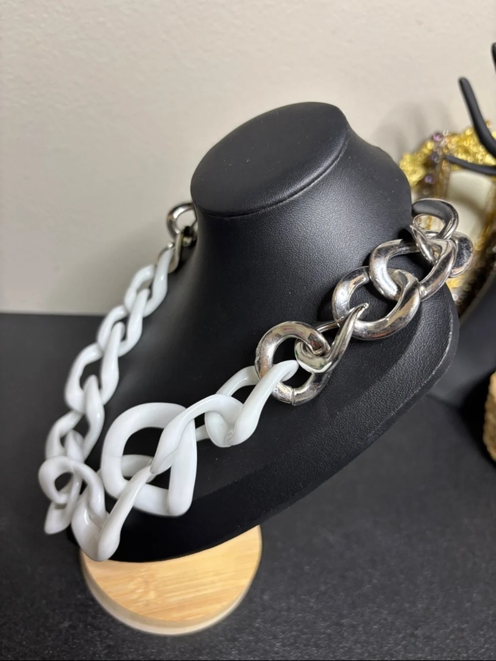 Vintage RJ GRAZIANO CN Stainless Steel Chunky White Plastic Chain Necklace